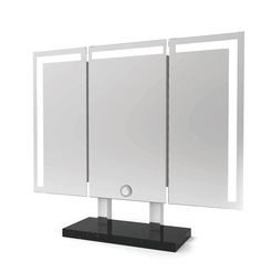 a black stand with two mirrors on it