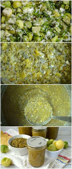 three different pictures showing the process of making an apple and pistachio salad with pesto