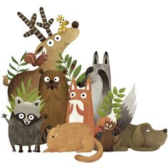 a group of animals that are standing in the grass with leaves on their heads and eyes