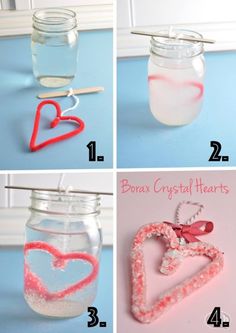 four pictures showing how to make hearts in mason jars