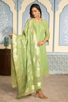 Light green tissue kurta featuring with sequins and mirror work on placket and all-over floral woven motifs. Comes with heavy Banarasi bordered dupatta and matching pant. - Aza Fashions Tissue Kurta, Kurta Pant Set, Straight Kurta, Two Sisters, Kurta With Pants, Mirror Work, Pants Pattern, Pant Set, Set For Women