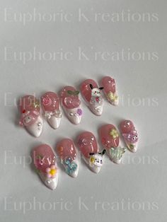 Cute kawaii charms set **charms will change Big Charm Nails, Nail Charm Designs, Sweetheart Nails, Sanrio Nail Art, Future Makeup, Light Pink Acrylic Nails, Charm Nails, Cartoon Nail Designs, Nails Charms