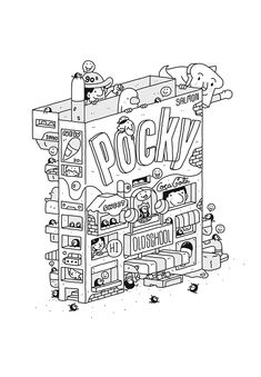 a black and white drawing of a rock'n'roll machine with people inside it