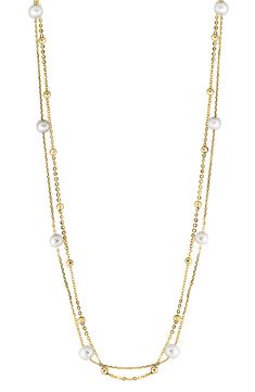 Get an effortless layered look with this double-strand sterling silver necklace plated in 14-karat gold and punctuated with freshwater-pearl stations. 18 1/2" length Pearl size: 6mm Sterling silver/14k-gold plate/freshwater pearl Made in the USA Double Strand Pearl Drop Jewelry, Yellow Gold Double Strand Pearl Chain Jewelry, Elegant Double Strand Layered Jewelry, Yellow Gold Double Strand Pearl Necklace, Yellow Gold Double Strand Pearl Chain Necklace, Double Strand Yellow Gold Pearl Chain Necklace, Elegant Layered Yellow Gold Jewelry, Elegant Layered White Jewelry, Gift Double Strand Pearl Necklace With Double Chain