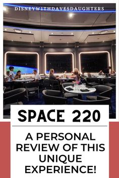 an advertisement for the space 120 restaurant with people sitting at round tables in front of them