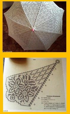 an umbrella made out of crochet is shown in two different pictures, one with the