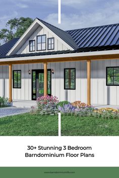 an image of a small house with the words, 30 stunning 3 bedroom barndominium floor plans