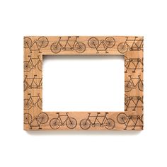 a wooden frame with bicycles drawn on the front and sides, against a white background