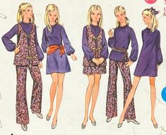 Rare - OOP  Still in original packaging.   Vintage Butterick 5565 Juniors A-Line Mini Dress, Blouse, Jacket, Skirt and Pants Size 11/12 - Bust 32 - Waist 22 Copyright © 1969 Young Junior/Teen Dress, Blouse, Jacket, Skirt & Pants:  Tuck-in or overblouse, and mini length dress have front neckline gathers. Full, full length gathered sleeves and round neckline with self bias band. Long shaped sleeveless jacket, lined to edge, has cut-away armholes, purchased button and chain closing. Flared darted pants and slightly A-line darted mini skirt without waistband. Purchased scarf and belts. PATTERN CONDITION PARTIALLY CUT INSTRUCTIONS INCLULDED Top Tips for Using Vintage Patterns 1. Early patterns may not have any markings, limited instructions and are often one size so are more difficult to use th 70s Clothes Sewing Patterns, Early 1970s Fashion, 1970s Outfits For Women, 1960s Style, Skirt And Pants, 1970 Outfits, Vintage Vogue Fashion, Sabrina Spellman Style, 1970 Fashion