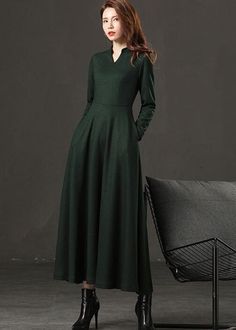 "Simple but elegant wool office dress. Deep green color makes this dress more noticeable. Enjoy the effortless fit and the feminine sense when wearing our creations! Every piece by Ylistyle is made with lots of love and attention to detail! ★★FEATURES 25% wool, other fiber,nylon Polyester lining Two side pockets Back zipper closure Long sleeve A Line dress Mid calf Perfect for winter, autumn Dry clean ★★ Fabric swatch from photo L2 https://etsy.me/3f1h85P ★★ The model's height approx 170cm (5′ 7 Green Long Sleeve Maxi Dress For Work, Formal Green Maxi Dress For Fall, Green V-neck Maxi Dress For Winter, Winter A-line Solid Color Maxi Dress, Green Midi Dress For Fall Workwear, Green Midi Dress For Workwear In Fall, Green A-line Winter Dress, Green A-line Midi Dress For Winter, Elegant Dark Green Long Sleeve Maxi Dress