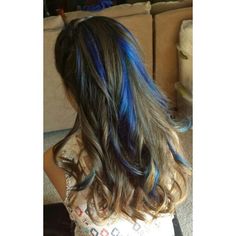 Hair With Blue Streaks, Blue Highlights In Brown Hair, Brown Hair With Blue, Highlights In Brown Hair, Blue Hair Highlights, Hair Color Streaks, Hair Streaks, Blue Streaks, Colored Curly Hair