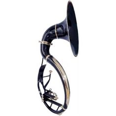 a black and gold horn on top of a metal stand with an instrument attached to it