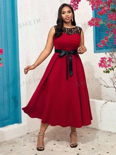 SHEIN Lady Plus Size Lace Spliced Sleeveless Dress With Round Neckline And Waist Belt | SHEIN USA Elegant Sleeveless Christmas Dresses, Elegant Sleeveless Midi Dress For Holiday, Black Sleeveless Holiday Dress, Holiday Red Sleeveless Midi Dress, Sleeveless Red Midi Dress For Holiday, Red Sleeveless Midi Dress For Holiday, Wedding Theme Colors, Lace Splicing, Color Inspo