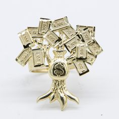 "Huge Money Bag Tree Luck Ring Solid Real 10K Yellow Gold All Sizes * Metal : Real 10K Yellow Gold (Properly Stamped, 10K)  * Condition : Brand New  * Finish : Polished  * Average Weight : Size 9.5: 6.07 grams  * Length : Selectable  * Width : 34mm x 31.5mm = 1 3/8\" x 1 1/4\"  * Clasp/Bail : Can be resized down or up at your local jeweler.  All of our items are brand new and are shipped with a gift box." Classy Suits, Man Child, Average Weight, Money Bag, Jewelry Business, Signet Ring, Jewelry Rings, Fine Jewelry, Yellow Gold