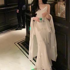 Olivia Mark - Nanyang Noble Lady Silk Sling Dress with Embroidered Cape Shrug Embroidered Cape, Noble Lady, Dress With Shawl, Suspender Skirt, Pattern Embroidery, Sling Dress, Sleeves Clothing, Embroidery Fabric, Elegant Chic