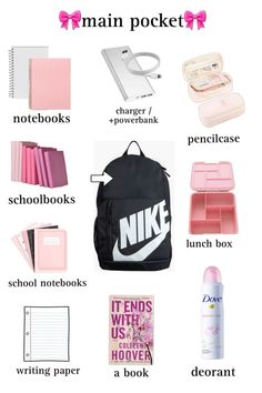 the contents of a pink and black backpack with text that says,'main pocket '