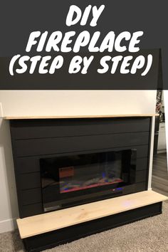 a fireplace with the words diy fireplace step by step on it and an image of a fire place