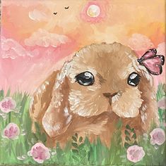 a painting of a rabbit in the grass with pink flowers on it's head