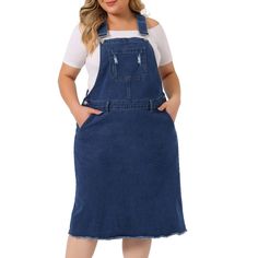 This stunning denim overall dress is a must-have for your summer wardrobe. With its regular fit and adjustable straps, it is designed to flatter all body shapes. It includes side pockets, a chest pocket, and a raw hem, adding to its trendy and edgy appeal. The distressed design gives it a unique and fashionable look, perfect for any casual occasion. The midi length and racerback add additional charm to this overall dress. This Plus Size Jean Skirt is perfect for casual outings, parties, picnics, Plus Size Jean Skirt, Plus Size Overall, Denim Jumper Dress, Dress Dark Blue, Overall Skirt, Denim Jumper, Denim Overall Dress, Soft Dress, 21st Dresses