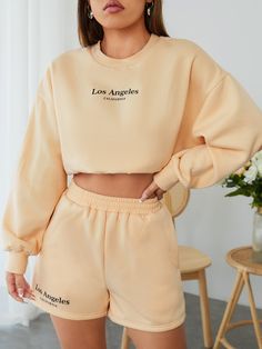 Apricot Sporty Collar Long Sleeve  Letter  Embellished Slight Stretch Summer Women Co-ords Sweatshirt Shorts, Drop Shoulder Sweatshirt, Long Sleeve Outfits, Dropped Shoulder Sweatshirt, Co Ords, Two Piece Outfit, Drop Shoulder, Summer Women, Apricot