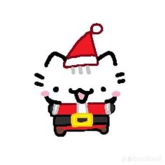 a white cat wearing a santa hat and holding a red bag with his hands in it