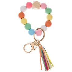 a multicolored beaded bracelet with tassels and a keychain