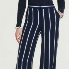 Nwt Ann Taylor Factory Striped Wide Leg Pants Pockets Size 6 $89.99 Navy Bottoms With Welt Pockets For Work, Tailored Striped Pants With Pockets, Chic Navy Bottoms For Fall, Chic Navy Bottoms For Formal Occasion, Chic Navy Formal Bottoms, Elegant Navy Bottoms For Fall, Elegant Navy Ankle-length Pants, Navy Wide-leg Workwear Bottoms, Chic Navy Wide Leg Workwear Pants