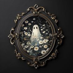 an ornate frame with a painting of a ghost surrounded by daisies