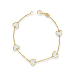 14K GOLD MOTHER OF PEARL STATION HEART BRACELET For more reviews from our satisfied customers go to Yelp https://bit.ly/3qIwT5l We can only accept returns if your order is received damaged or since all our jewelry is made to order. Please note that our pictures are enlarged to show detail. You can reach out for specific measurements. This piece is perfect for everyday wear and makes the perfect Gift!  We certify that this is an authentic piece of Fine jewelry. Every piece is crafted with the utmost care and precision. You are assured of everlasting quality that can be passed on from generation to generation.