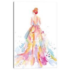 a watercolor fashion illustration of a woman in a dress with colorful paint splatters