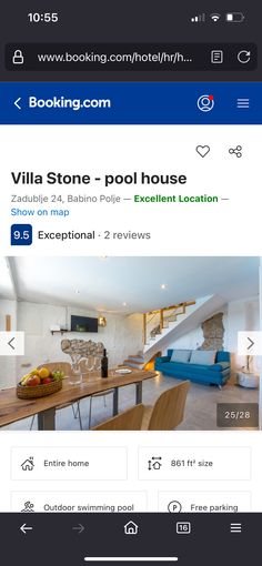 the website for villa stone - pool house is displayed in this screenshoto photo