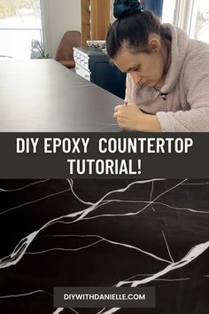 a woman is sitting at a table with her hands on her face and the words diy epoxy countertop