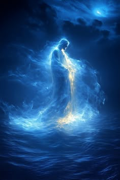 a man standing in the water surrounded by clouds and blue hues with light coming from his head