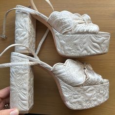 These Are Sold Out Everywhere In Cream! Loeffler Randall Isabel Cream Quilted Satin Platform Size 8 Worn For Rehearsal Dinner, So Comfy And Beautiful! Perfect For A Bride To Be Wedding Shoes Platform, Loeffler Randall Shoes, Wedding Dress Accessories, Loeffler Randall, Chunky Platform, Bride To Be, Rehearsal Dinner, Dress Accessories, Shoes Women Heels