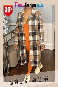 Coffee Casual Plaid Split Joint Turndown Collar Outerwear Brown Non-stretch Long Sleeve Outerwear, Trendy Brown Patchwork Outerwear, Fashion Outfits Autumn, Long Plaid Coat, Oversized Plaid Shirts, Long Sleeve Layer, Plaid Cardigan, Casual Outerwear, Perfect Prom Dress