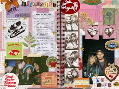 an open scrapbook with many pictures and words on it, including two people's faces