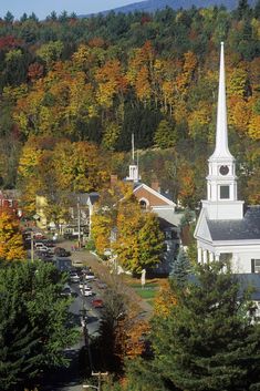 an aerial view of a small town surrounded by trees with fall foliage in the background