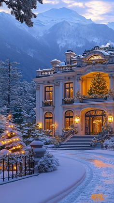 a large white building with christmas lights on it's windows and trees in the snow