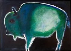 a painting of a green bull on a black background