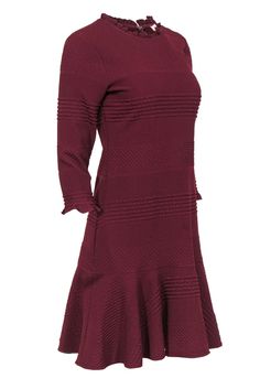 Go frilly and fab with this frock from Shoshanna! The classic sheath dress is upgraded with whimsical ruffled trim, a chic textured design and an adorable flounce hem. Made in a rich maroon hue that makes it perfect for the holidays! Complete your fiercely festive look with sparkly tights and booties -- you'll be singing carols and opening presents in no time! Size 4 69% Polyester, 29% Viscose Concealed back zipper Unlined Sheath silhouette Round neckline Long sleeve Textured design Flounce hem Elegant Stretch Midi Dress With Ruffle Hem, Elegant Fitted Dress With Scalloped Edges, Stretch Dress With Ruffle Sleeves, Fitted A-line Dress With Ruffles, Fitted Long Sleeve Dress With Scalloped Edges, Stretch Ruffle Dresses For Formal Occasions, Elegant Ruffled Fit And Flare Mini Dress, Elegant Fit And Flare Mini Dress With Ruffles, Elegant Stretch Dresses With Ruffles