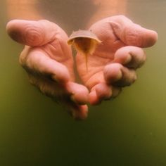 two hands holding something in the air with one hand over another's heart shaped object