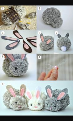 crocheted bunny and rabbit bunnies are featured in this photo collage with the caption's description below