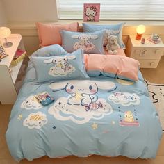 a bed room with a neatly made bed and stuffed animals on the comforter set