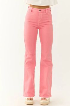 KanCan Watermelon Ultra High Rise Flare Jeans | Lime Lush Boutique Womens Colored Jeans, Colorful Dresses Casual, Faux Leather Outfits, Jeans Fits, High Rise Flare Jeans, Summer Holiday Outfits, Black Sweater Dress, Cropped Flare Jeans, Pink Jeans