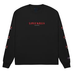 Love Kills [Wish You Were Here] Long Sleeve Shirt (V-Day Edition) • 100% cotton • Fabric weight: 5.2 oz/y² (176.3 g/m²) • Regular fit • Taped crew neck • Double-needle stitched bottom hem • Ribbed knit cuffs • Champion "C” logo on the left sleeve • Blank product sourced from El Salvador or Honduras This product is made especially for you as soon as you place an order, which is why it takes us a bit longer to deliver it to you. Making products on demand instead of in bulk helps reduce overproduct Band Merch Cotton Tops With Logo Print, Crew Neck Tops With Logo Print For Streetwear, Band Merch Long Sleeve T-shirt With Logo, Long Sleeve Band Merch T-shirt With Logo, Cotton Slogan Tops For Streetwear, Long Sleeve Branding T-shirt For Streetwear, Long Sleeve Cotton T-shirt With Band Merch, Long Sleeve T-shirt For Streetwear, Long Sleeve Cotton T-shirt With Logo Print