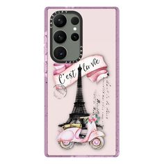 a pink phone case with the eiffel tower in paris on it's back