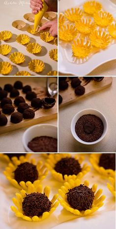 sunflowers are being made with chocolate and then placed in muffin tins