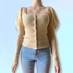 Gorgeous And Soft Puff Sleeve Square Neck Cardigan Sweater! Brand New With Tags. Color Is Oatmeal/Tan With Silver Sparkly Buttons. Comes With Extra Button. Brand Is Urban Outfitters. Size M. (Modeled On S). Flat Measurements: Length: 20” Pit To Pit: 12” Sleeve: 26” Casual Cream Puff Sleeve Top, Cream Puff Sleeve Casual Top, Urban Outfitters Beige Long Sleeve Tops, Beige Long Sleeve Top From Urban Outfitters, Beige Urban Outfitters Tops For Fall, Urban Outfitters Beige Tops For Fall, Cream Puff Sleeve Top For Winter, Beige Crewneck, Patchwork Sweater