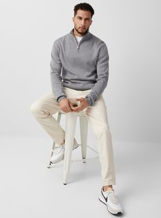 Half Zip Outfit Men, Half Zip Sweater Outfit, Zip Sweater Outfit, Minimalist Sweater, Sweater Outfits Men