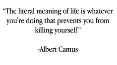 albert camus quote about life and love on white background with black lettering that reads, the literally meaning of life is whatever you're doing that preens